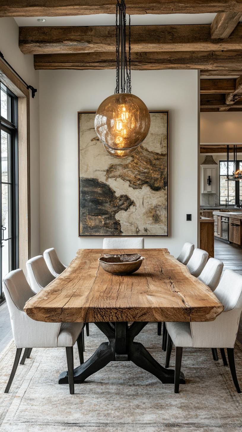 8. Elegant dining room with reclaimed wood and eclectic wall art-0