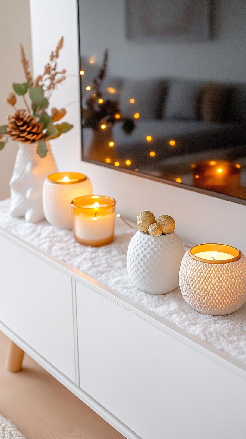 21. Faux snow-covered TV stand with a cozy, hygge-inspired vignette and warm lighting-2