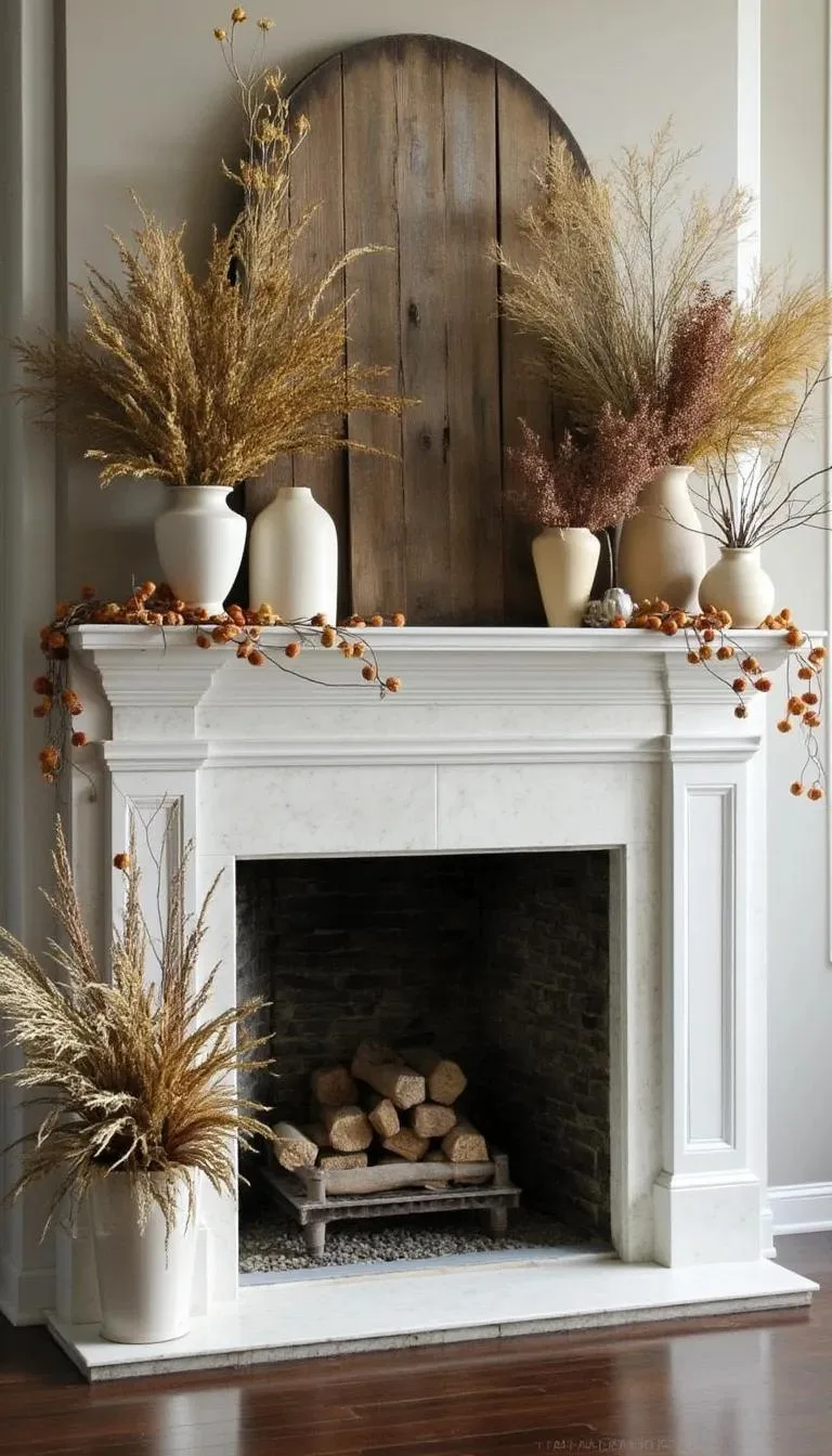 19. Fireplace mantels decorated with dried foliage and modern vases-0