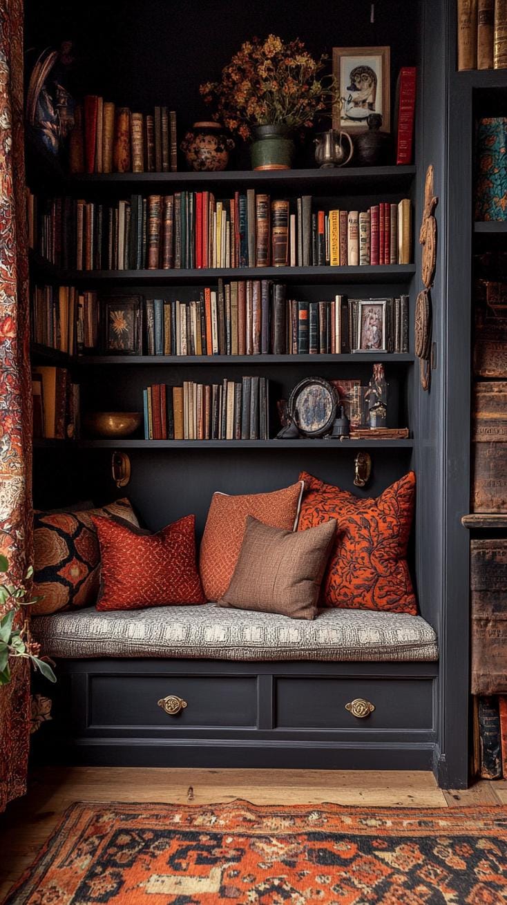 10. Floor-to-ceiling bookshelves against dark walls with a cozy reading nook-1