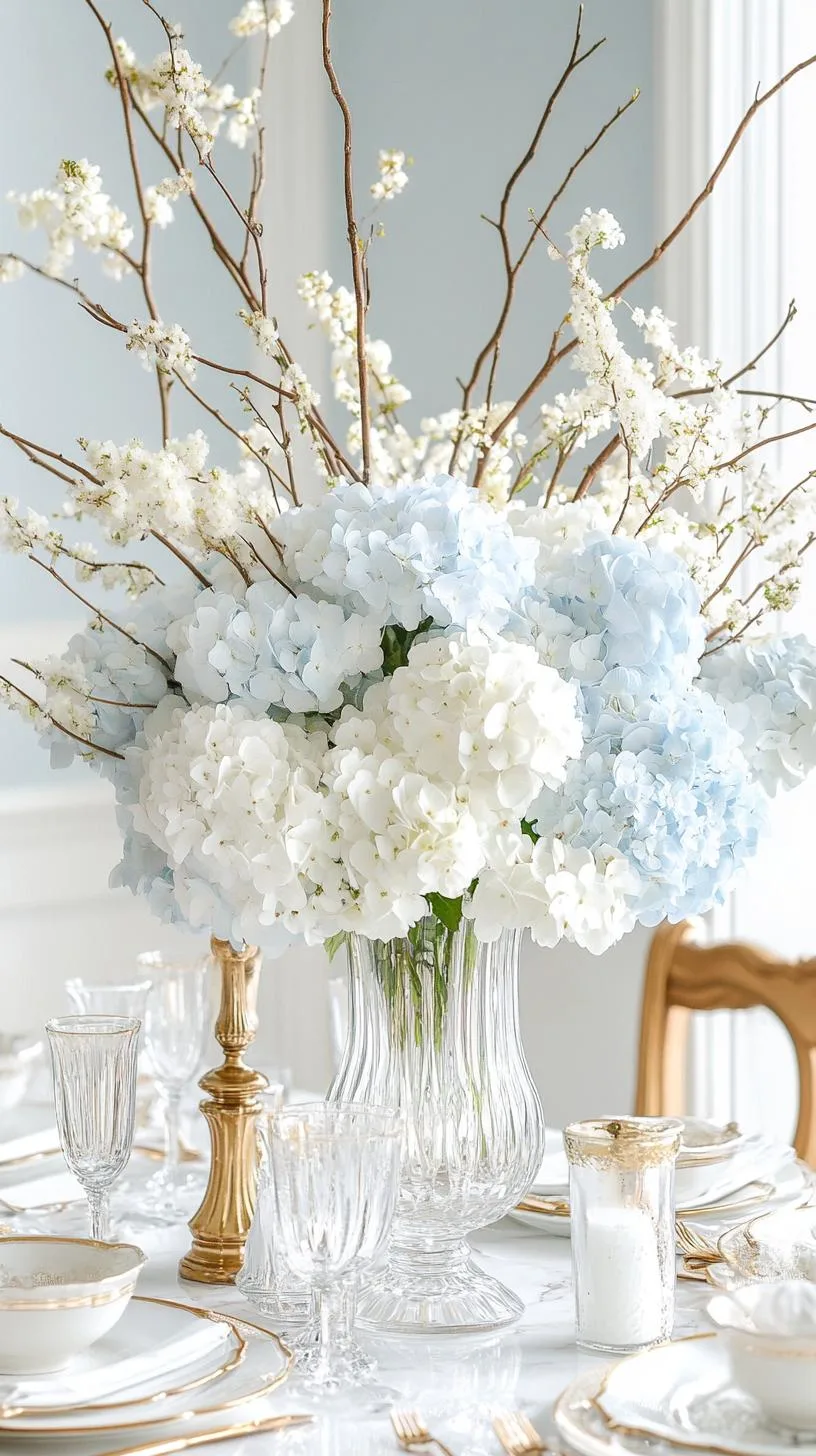 15 Stunning Winter Centerpieces to Transform Your Table 41 8. Frosted Floral Display: Assemble a bouquet using white and pale blue hydrangeas mixed with wintry pussy willow twigs in a glass vase-1