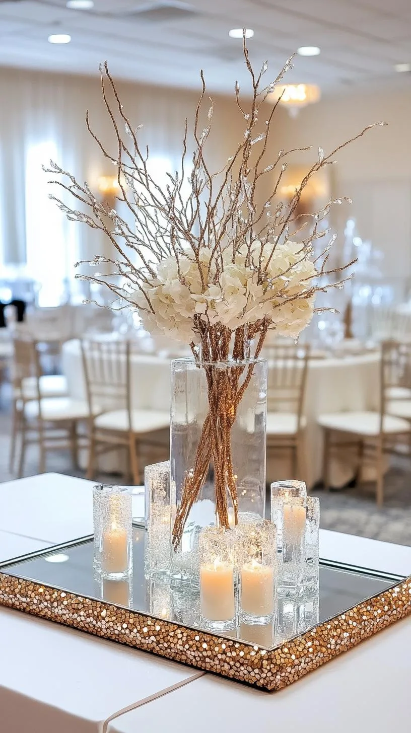 15 Stunning Winter Centerpieces to Transform Your Table 22 4. Frozen Lake Scene: Arrange mirrored trays with glittering crystal vases of bare branches, simulating a frozen over lake with scattered faux ice shards-2