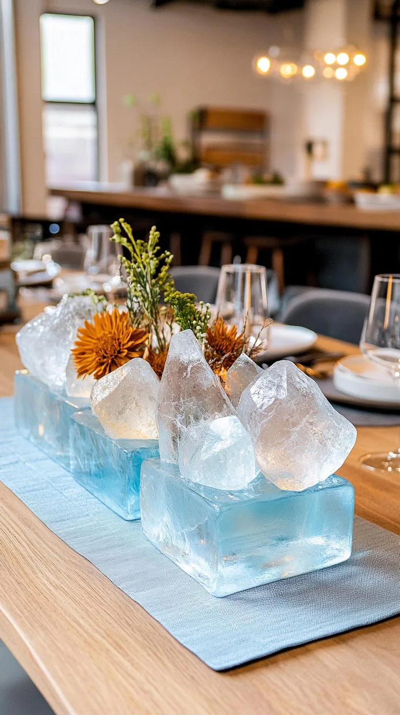 15 Stunning Winter Centerpieces to Transform Your Table 70 15. Geometric Ice Sculptures: Craft icy-looking geometric shapes using clear resin to create a modernist display set on a light blue table runner-0