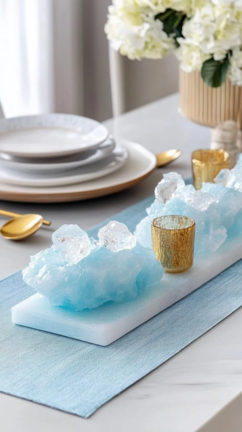 15 Stunning Winter Centerpieces to Transform Your Table 73 15. Geometric Ice Sculptures: Craft icy-looking geometric shapes using clear resin to create a modernist display set on a light blue table runner-1