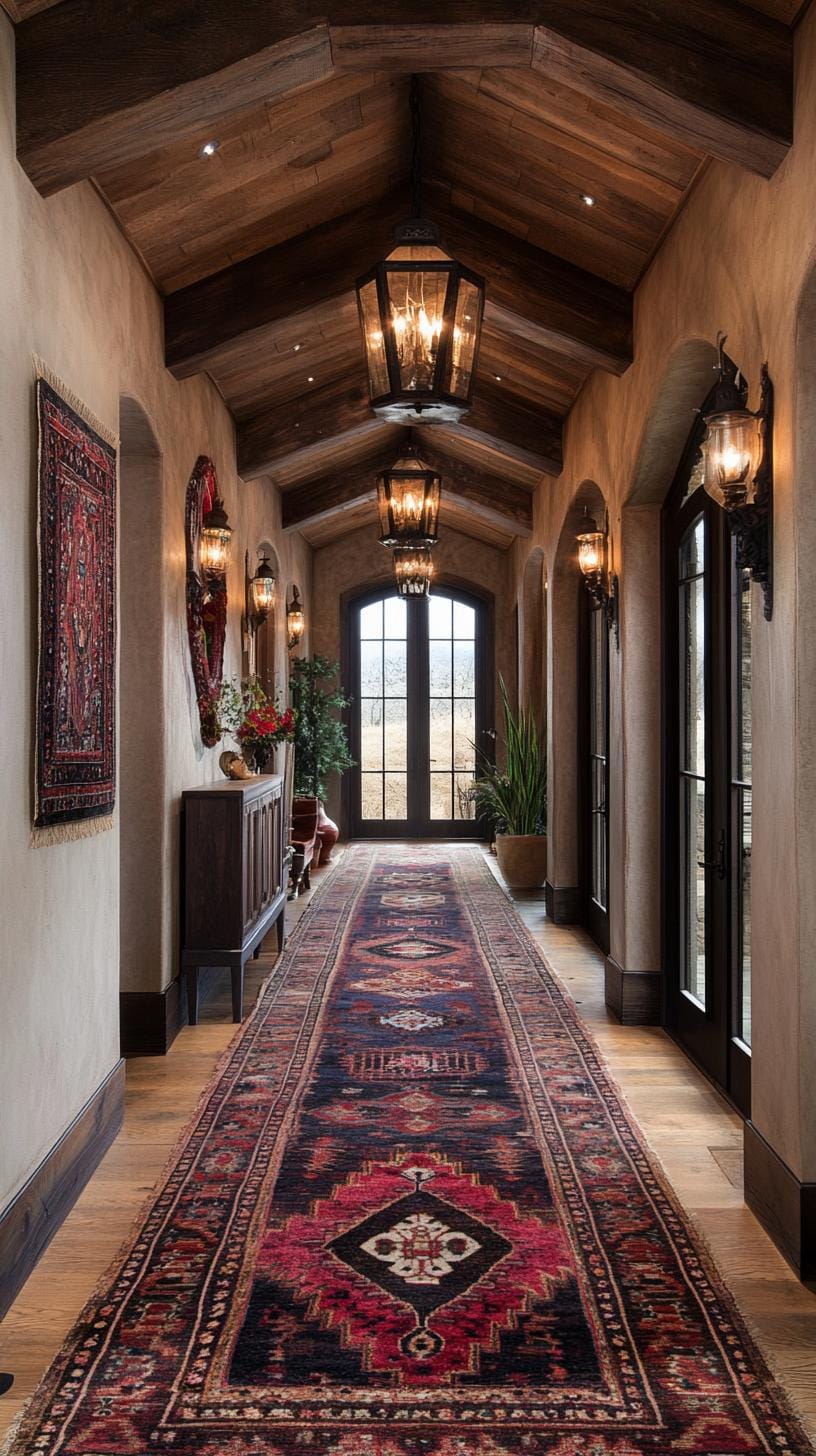 17. Hallway lined with vintage rugs, rustic lighting, and exposed beams-0