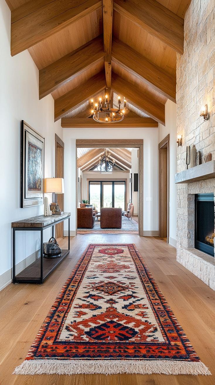 17. Hallway lined with vintage rugs, rustic lighting, and exposed beams-1