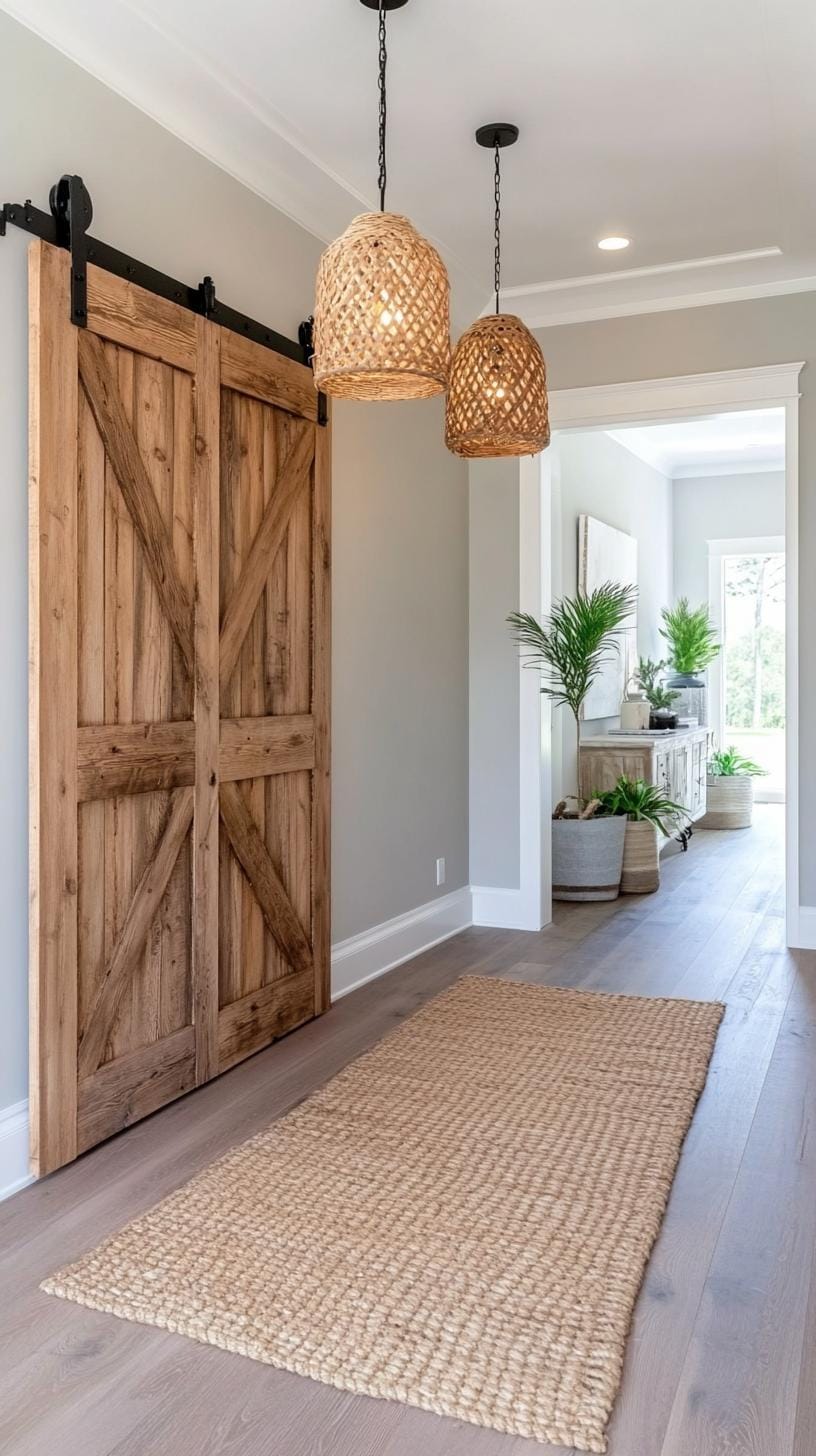 6. Hallway with sliding barn doors and rustic pendant lighting-0