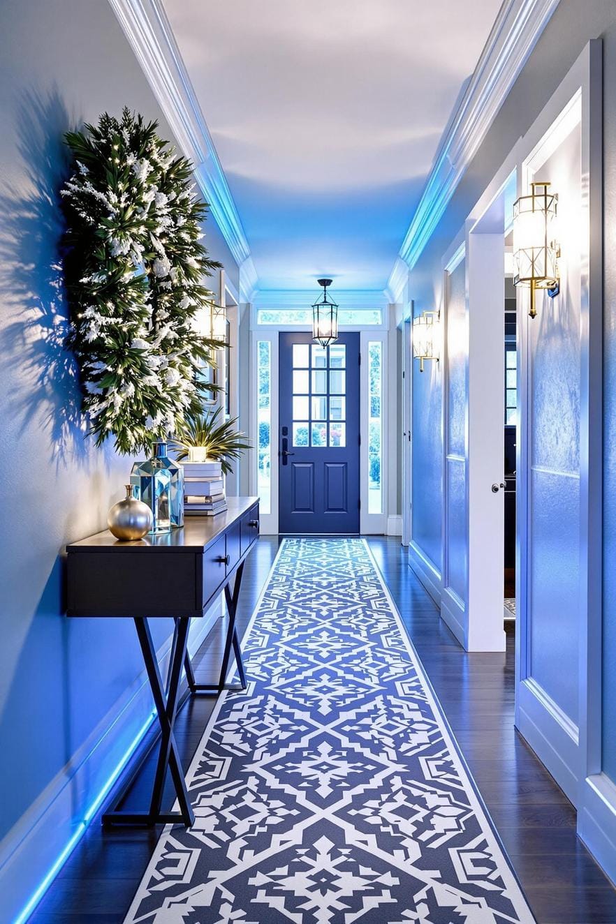 3. Icy blue hallway lighting with geometric pattern runner-0