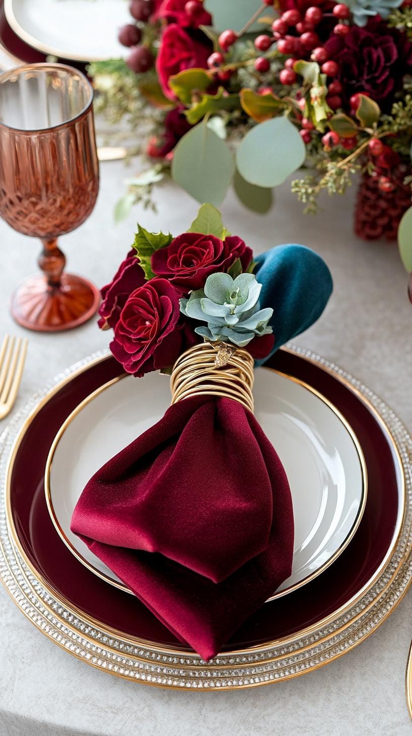 7. Jewel-Toned Christmas Table Setting with Rich Burgundy and Sapphire-0