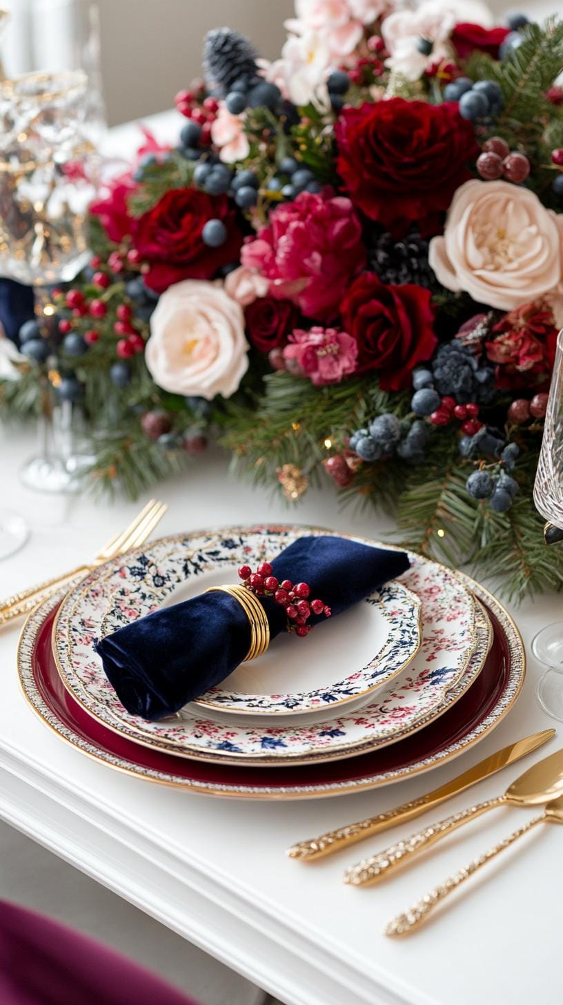 7. Jewel-Toned Christmas Table Setting with Rich Burgundy and Sapphire-1