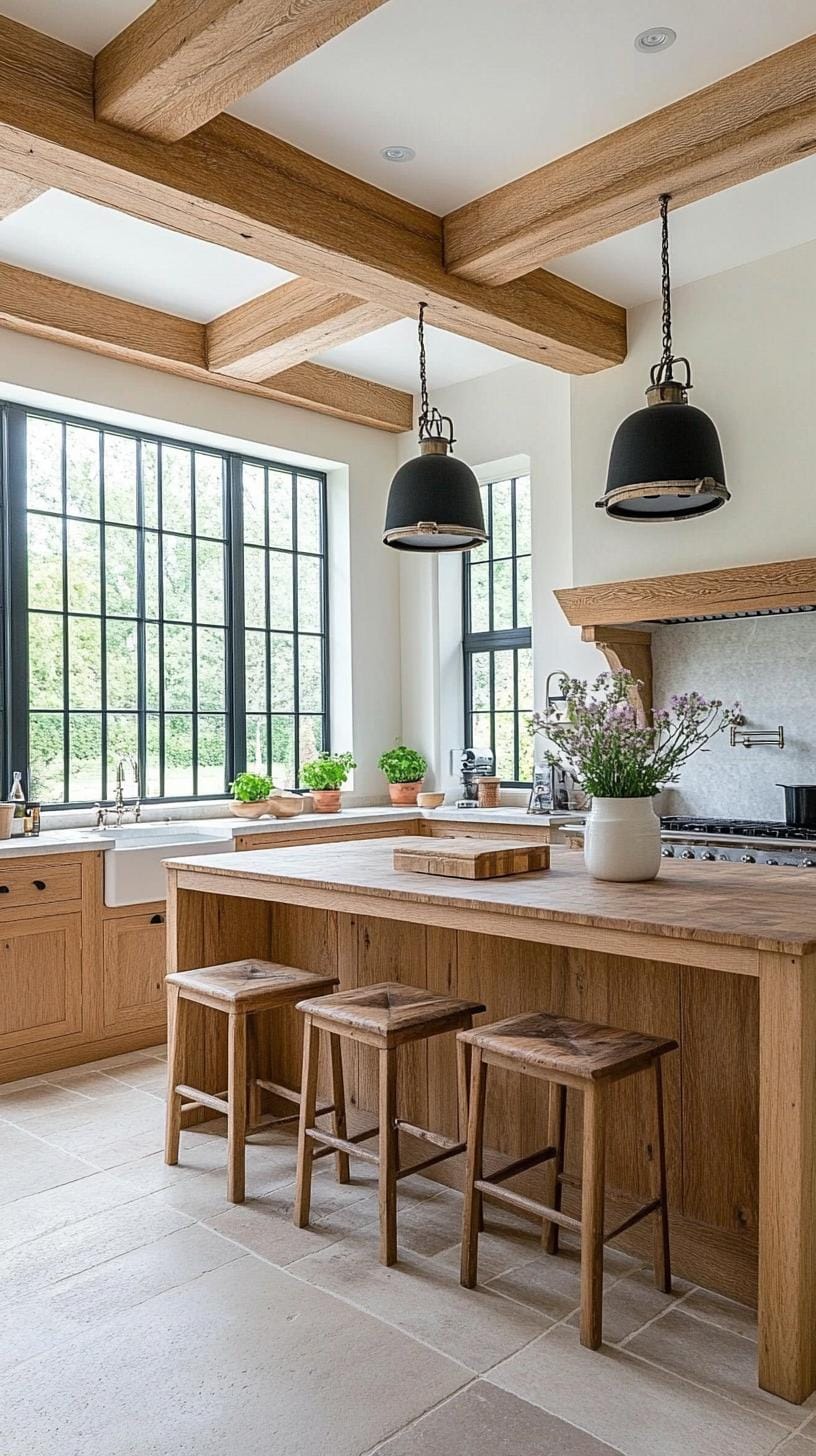 12. Kitchen with exposed wood beams, large windows, and country charm-0