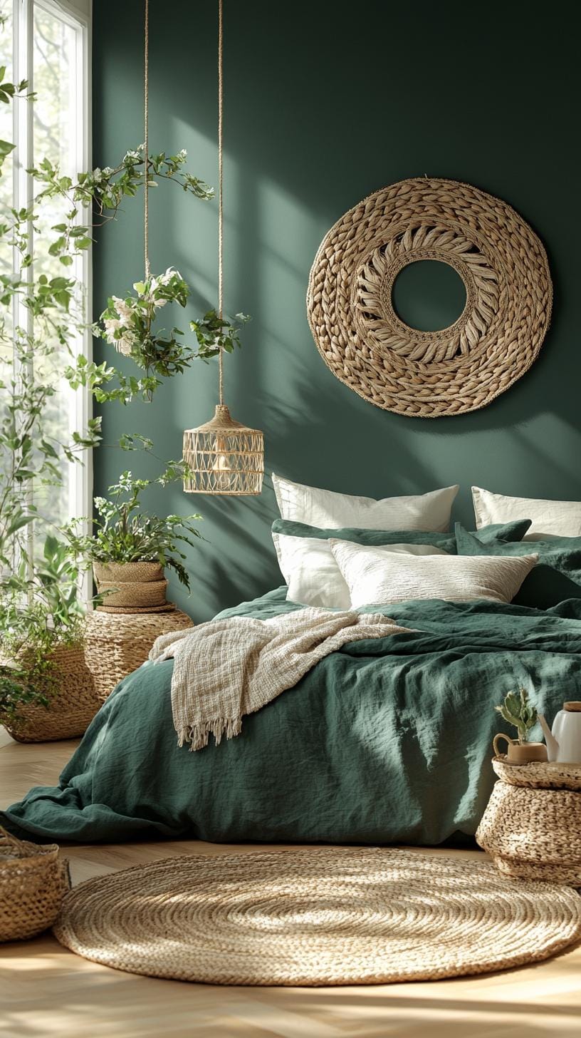 11. Large woven wall hangings above bed in deep green palette-0