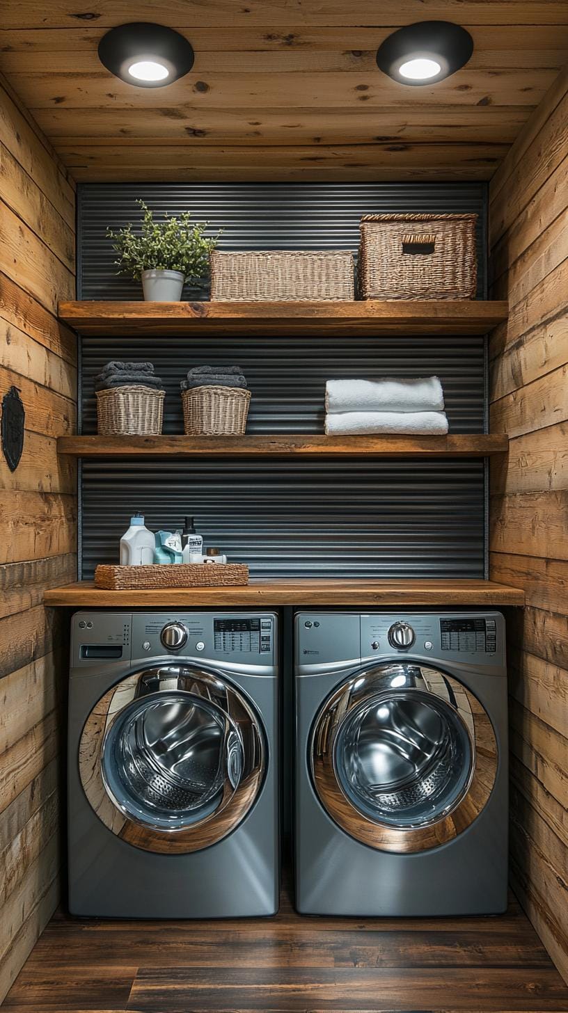 11. Laundry room with corrugated metal wall paneling and wood shelves-1