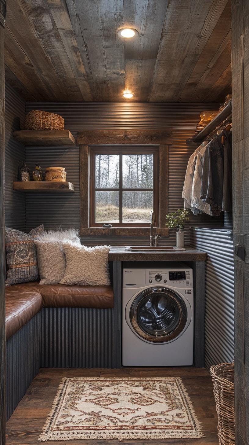 11. Laundry room with corrugated metal wall paneling and wood shelves-2