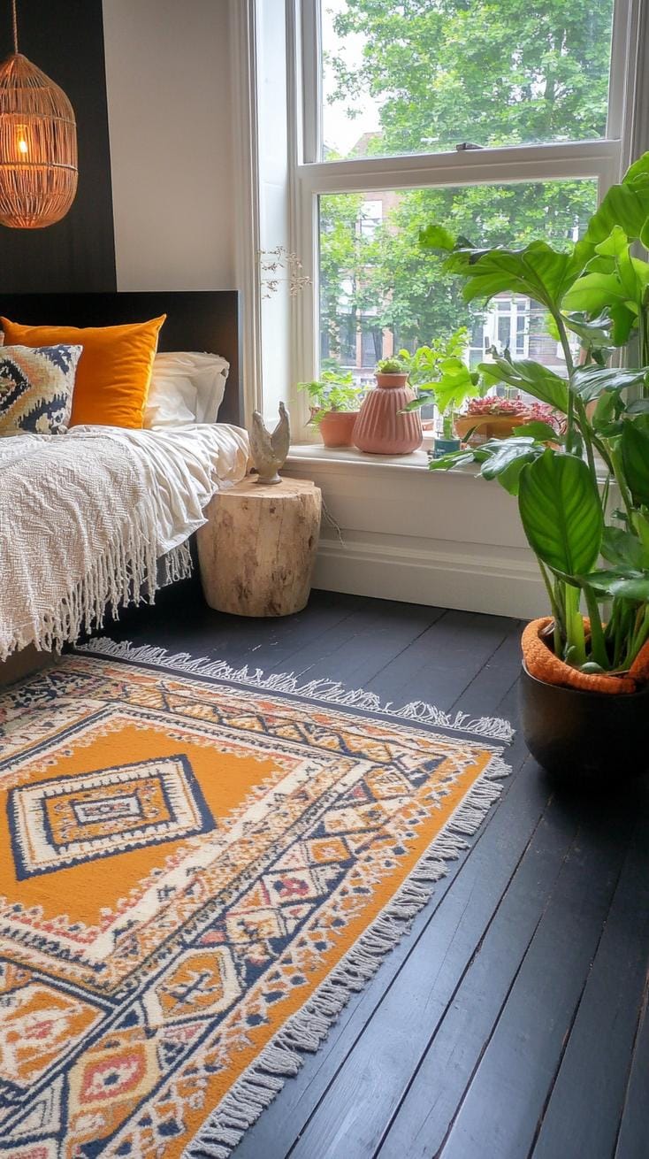 17. Layered Persian rugs on dark wooden floors, boho textiles-0