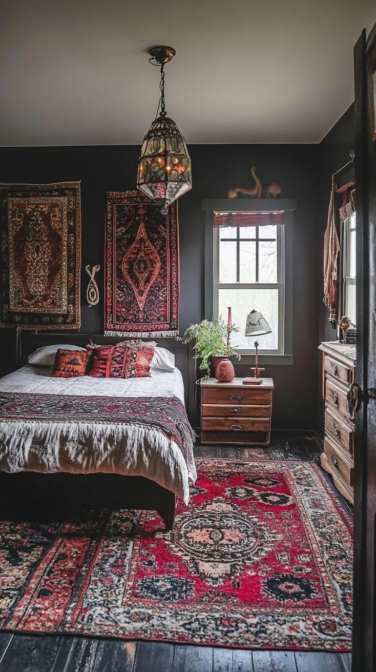 17. Layered Persian rugs on dark wooden floors, boho textiles-2