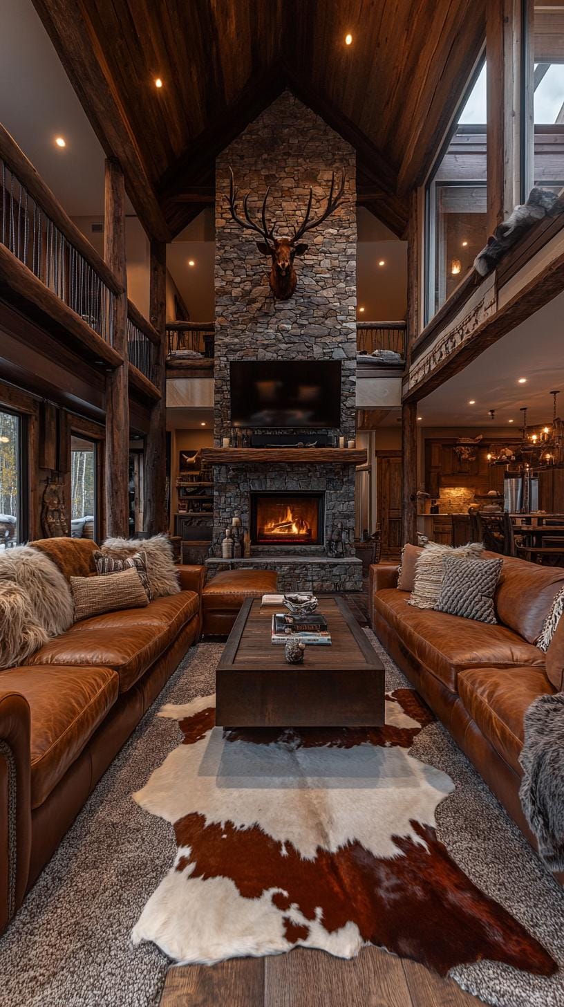 13. Living room with leather couches, cozy throws, and cowhide rugs-2