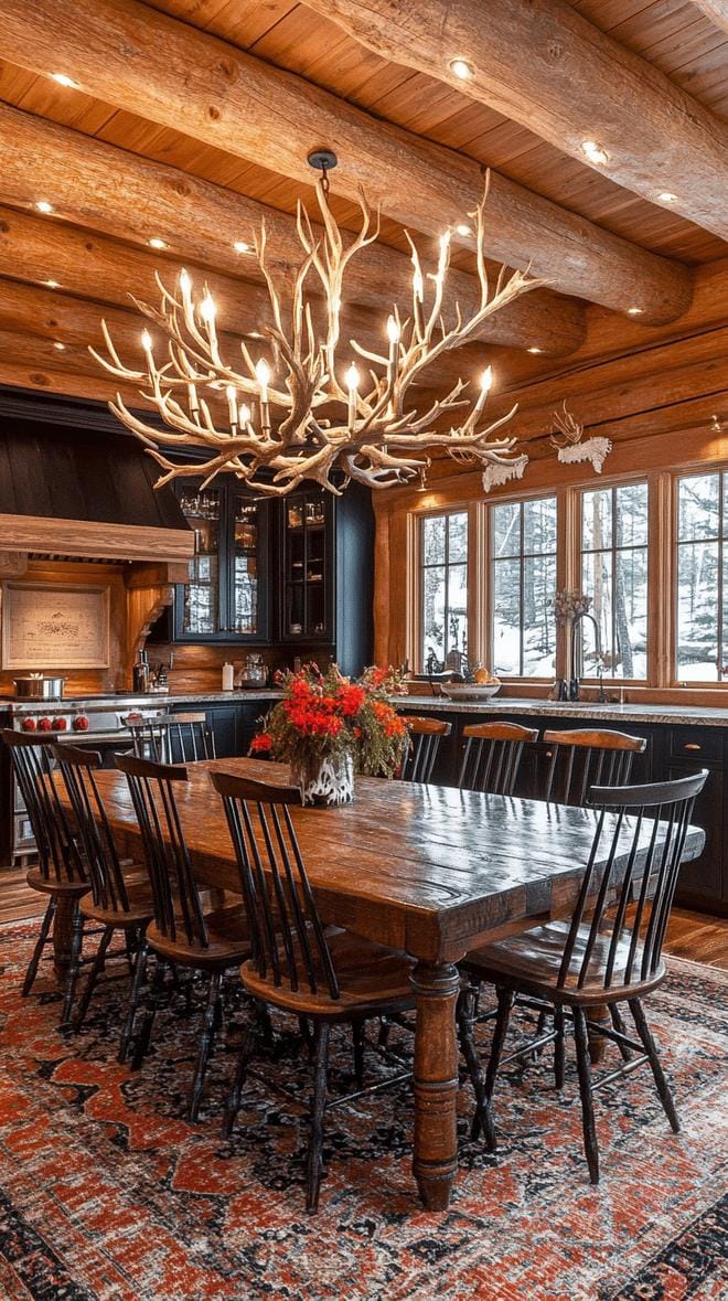 14. Log cabin dining area with wooden beams and antler chandelier-0