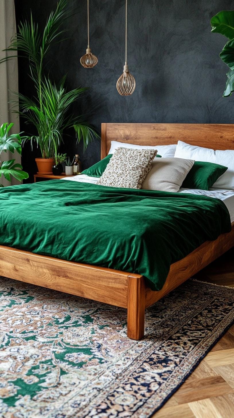 14. Low wooden bed frame with patterned rug and green bedding-0