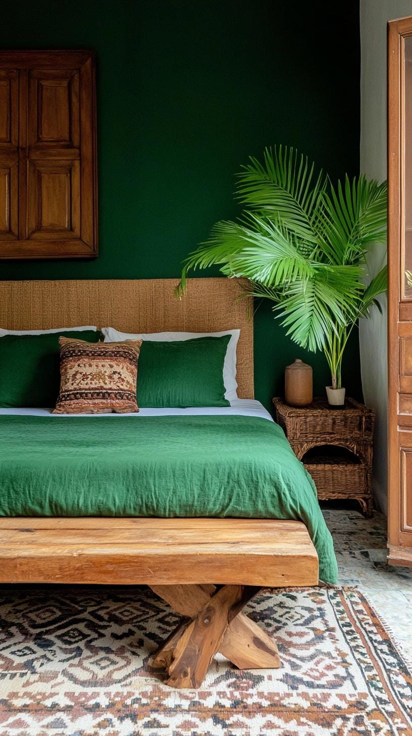 14. Low wooden bed frame with patterned rug and green bedding-2