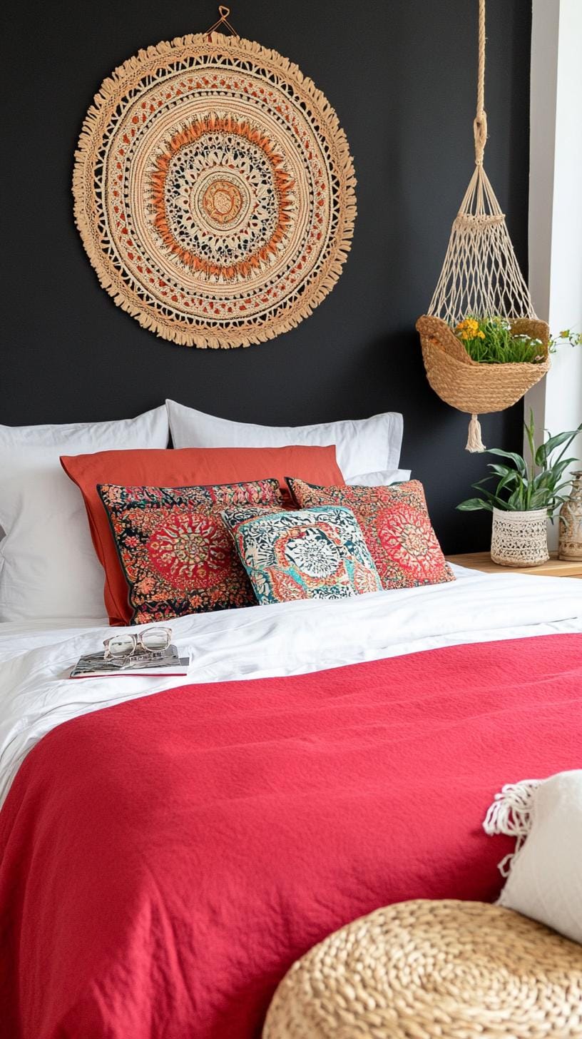 21. Macrame and mandala tapestry accenting dark boho bedroom-0