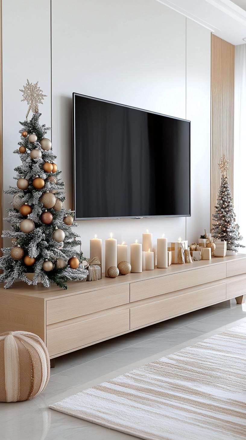 3. Minimalist TV stand with a modern Christmas tree and candles-1