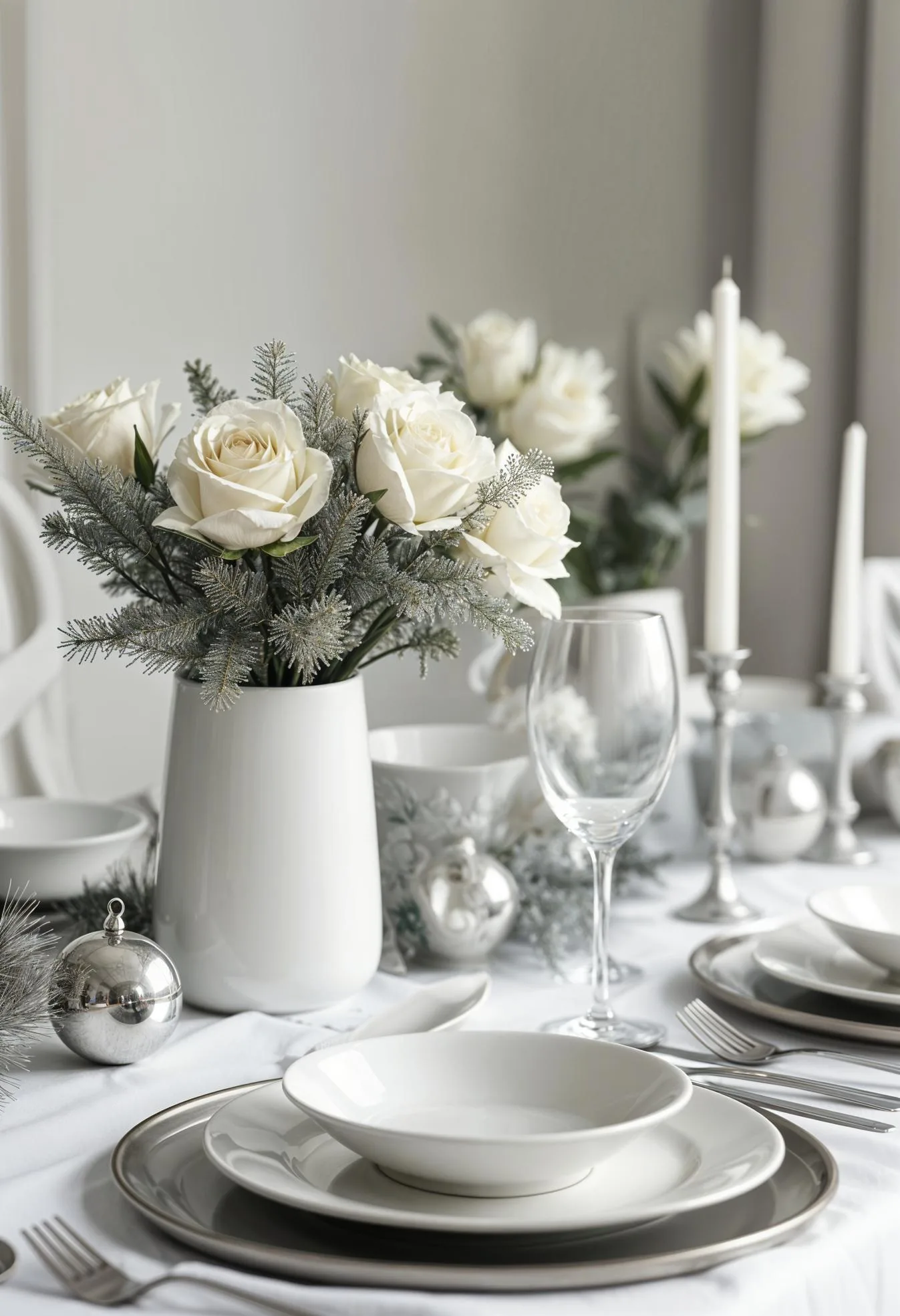 4. Minimalist White and Silver Christmas Table with Simplistic Elegance-1