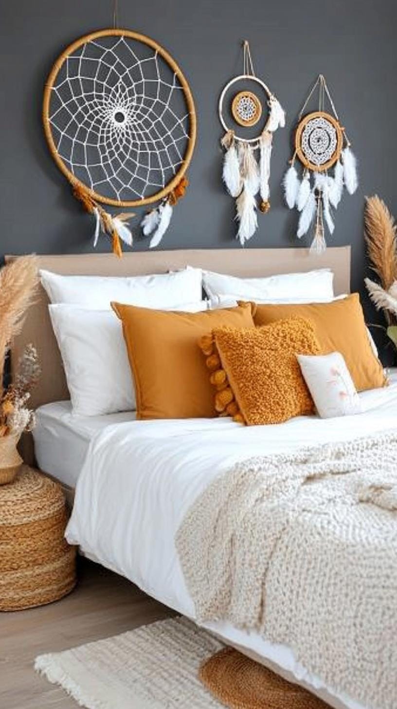 16. Minimalist wall decor with dreamcatchers and antique art-2