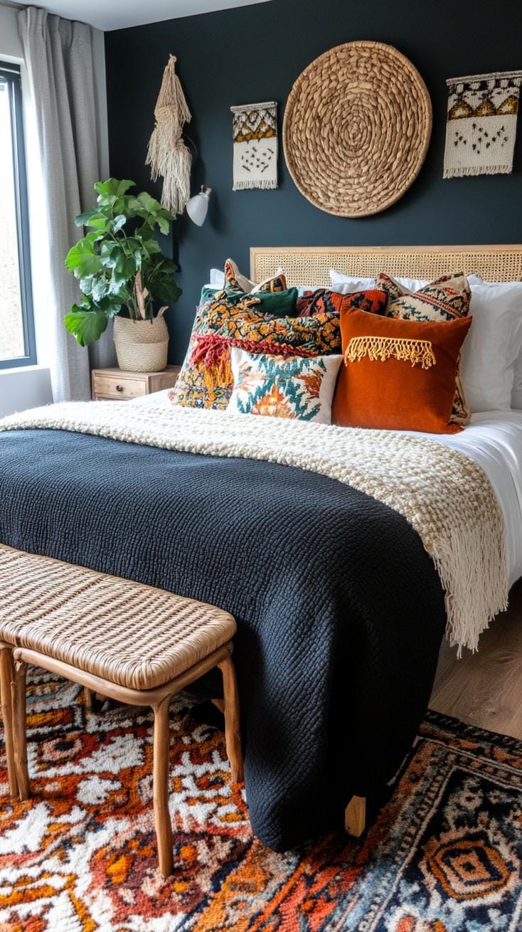 12. Mismatched boho pillows and throws on a dark bedspread-0