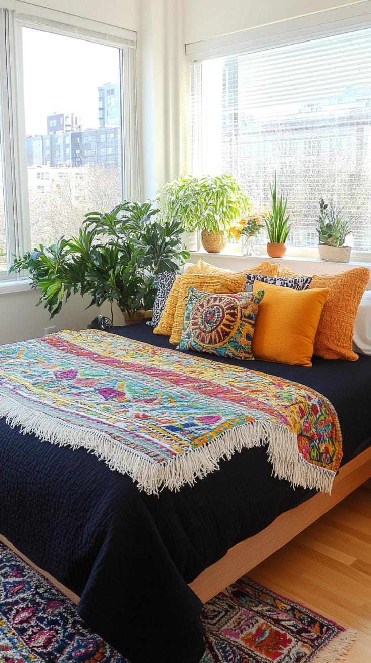 12. Mismatched boho pillows and throws on a dark bedspread-1