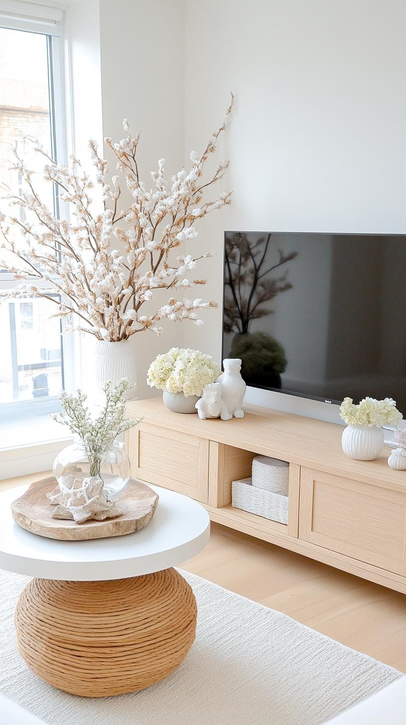 17. Monochromatic TV stand with a focus on varying textures and natural elements-0