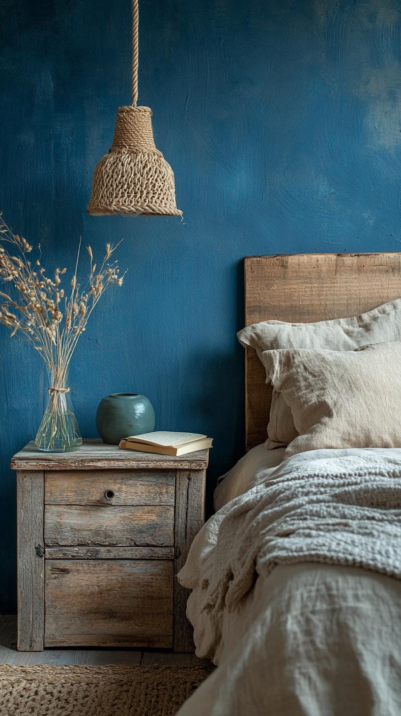 6. Moody dark blue walls paired with rustic wooden furniture-1