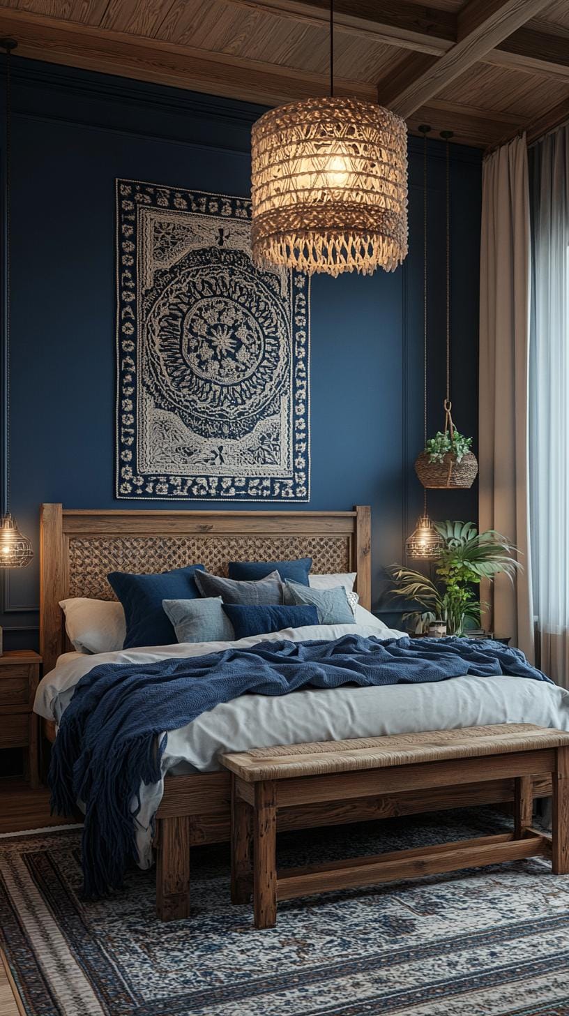 6. Moody dark blue walls paired with rustic wooden furniture-2