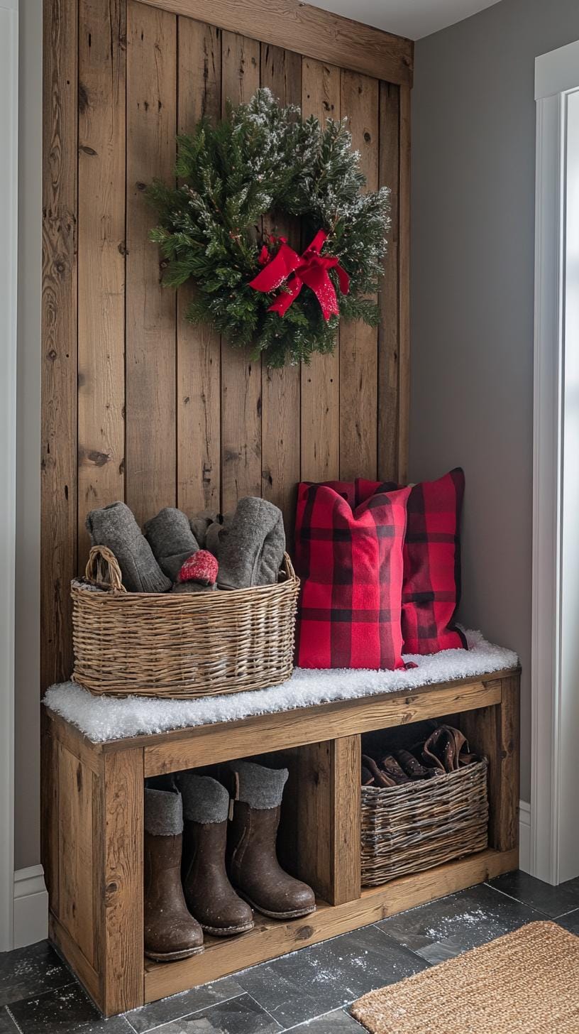 22. Mudroom with rustic wood and fake snow accents for winter ambiance-0