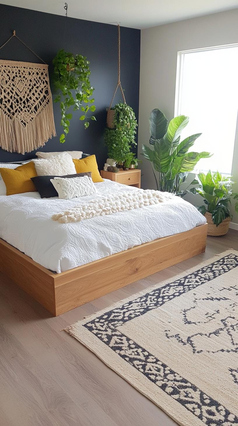 13. Natural wood nightstands with earthy decor and leafy plants-1