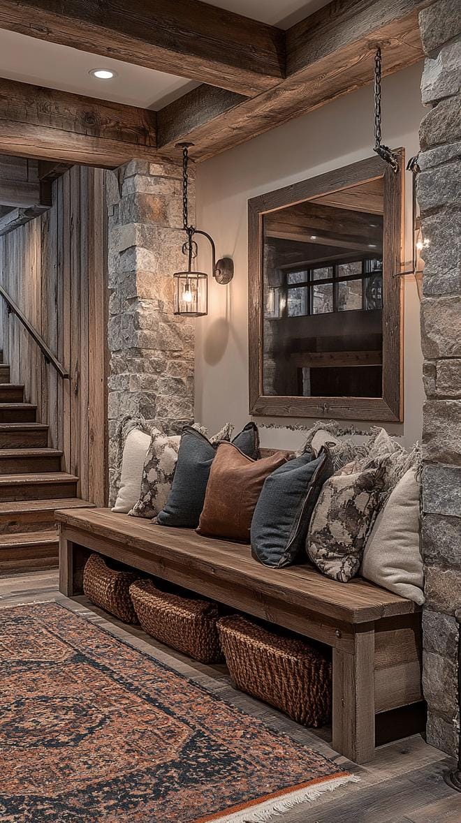 2. Oversized barn-style entryway with wooden bench and mirror accents-0