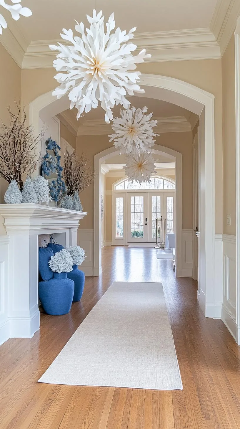 9. Paper snowflakes floating ethereally against neutral hallway walls-0