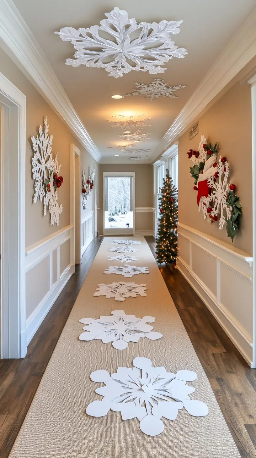 9. Paper snowflakes floating ethereally against neutral hallway walls-1