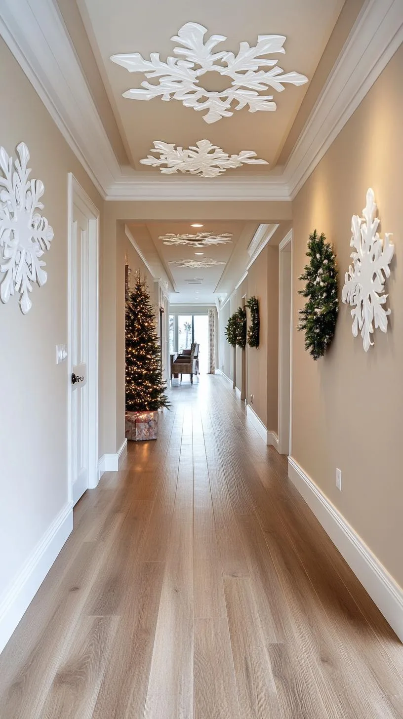 9. Paper snowflakes floating ethereally against neutral hallway walls-2