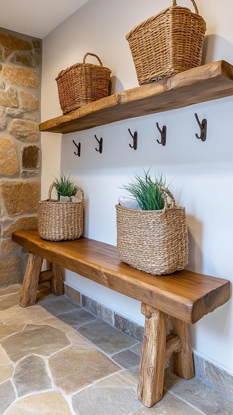 9. Ranch-style mudroom with hooks, woven baskets, and wood benches-0