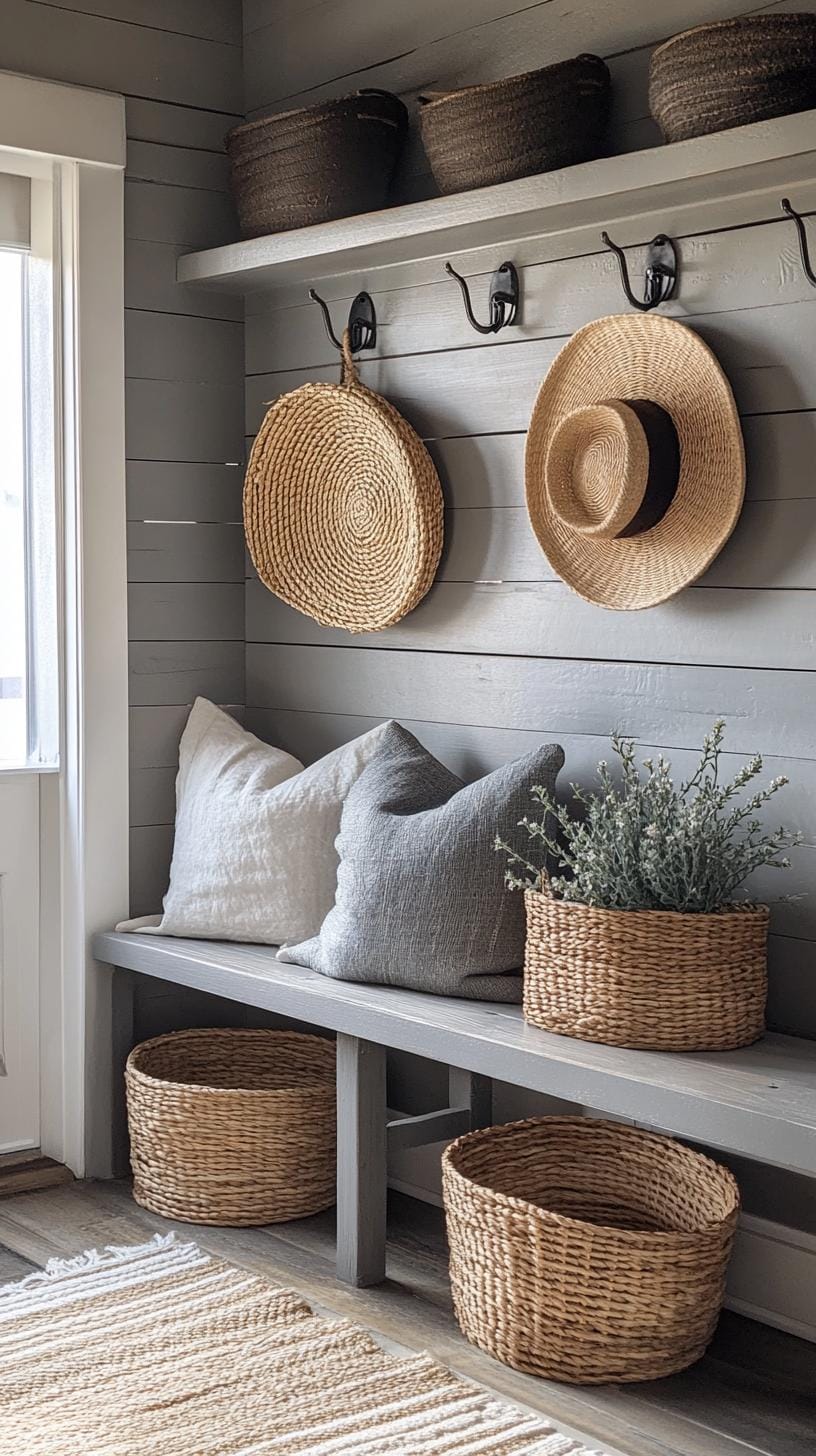 9. Ranch-style mudroom with hooks, woven baskets, and wood benches-2