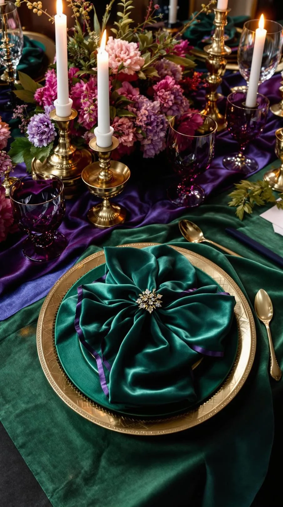 15 Unique Winter Tablescapes to Transform Your Dining Room 31 12. Regal Winter Jewel Tones Tablescape-0