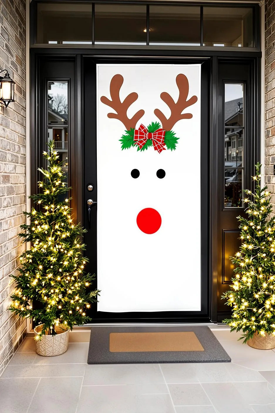 13. Reindeer door cover flanked by illuminated mini trees-1