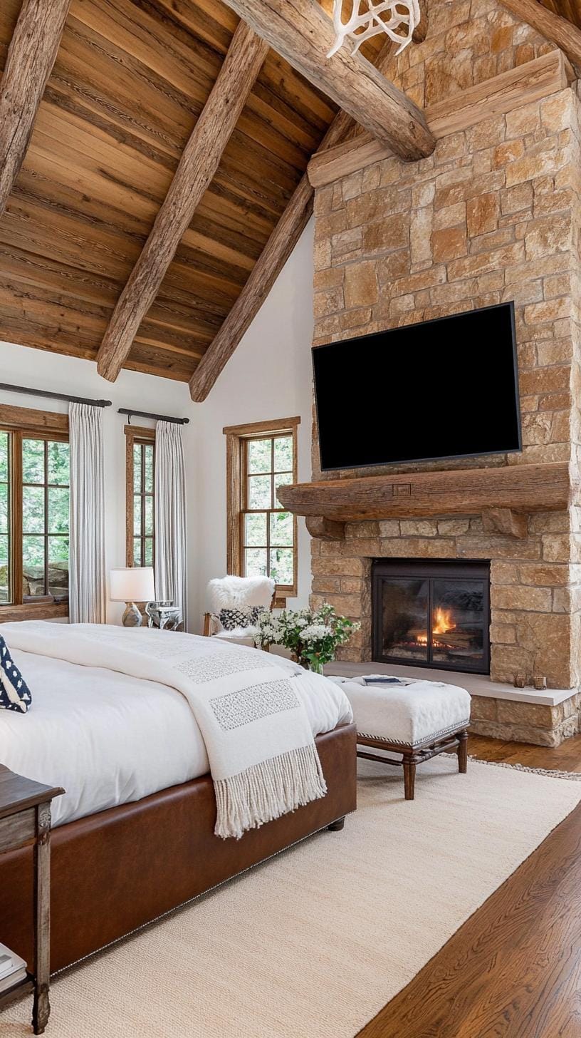 3. Rough-hewn wooden beams and fur-covered bed for cabin warmth-2