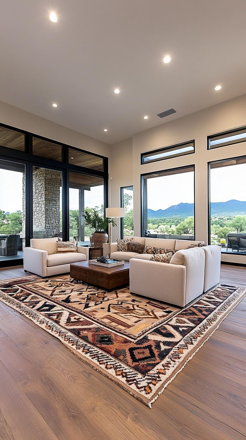 1. Rustic living room with Navajo-inspired patterned rugs and cozy sofas-2