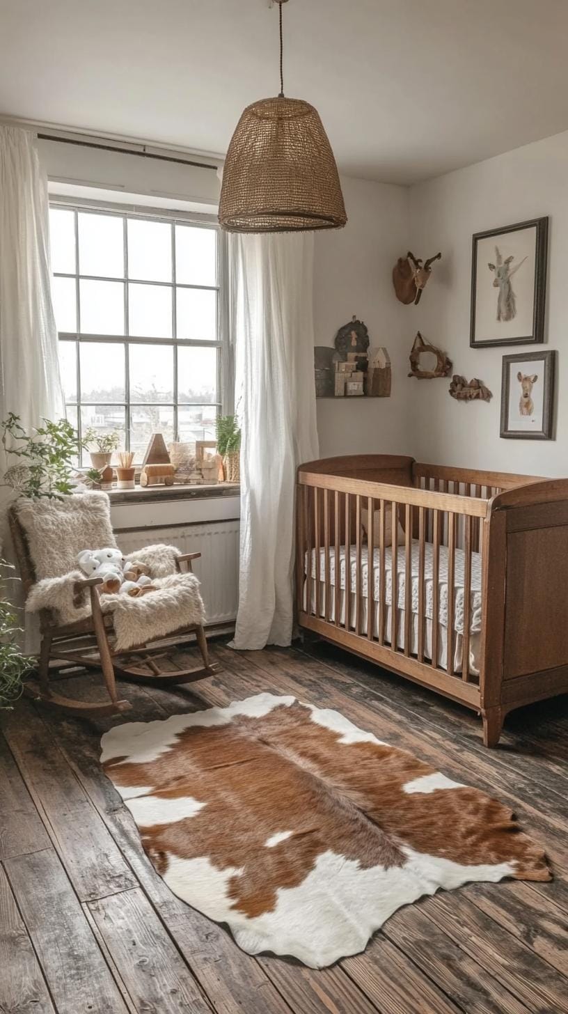 16. Rustic nursery with cowhide rug, wooden rocking chair, and horse decor-0