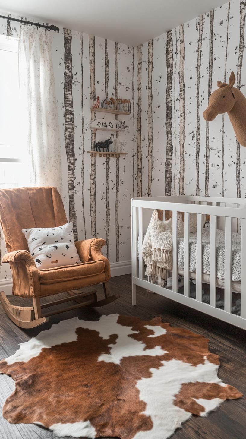 16. Rustic nursery with cowhide rug, wooden rocking chair, and horse decor-3