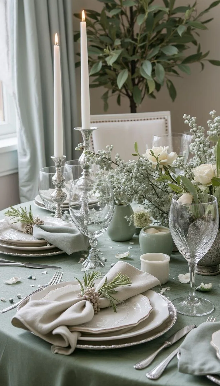 15 Unique Winter Tablescapes to Transform Your Dining Room 28 11. Sage & Silver Winter Tablescapes-0