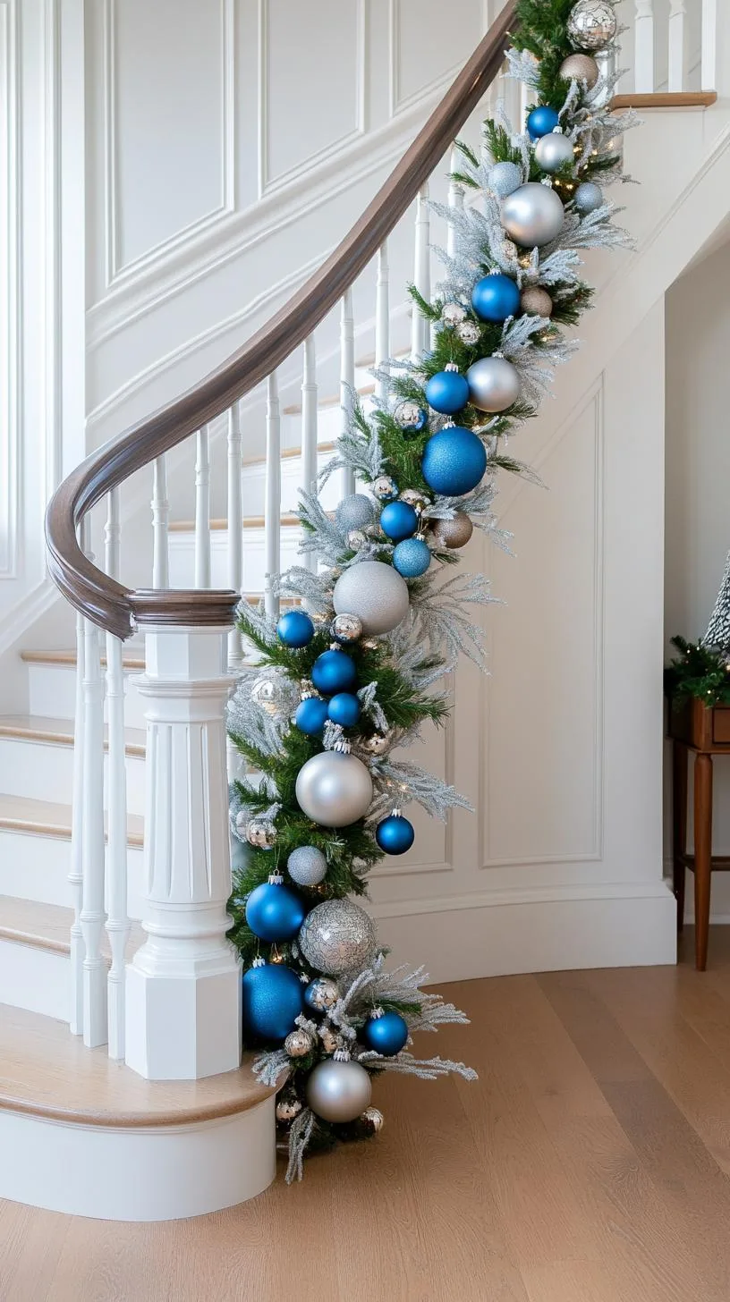 7. Silver-blue baubles garland sweeping along white staircase railings-0