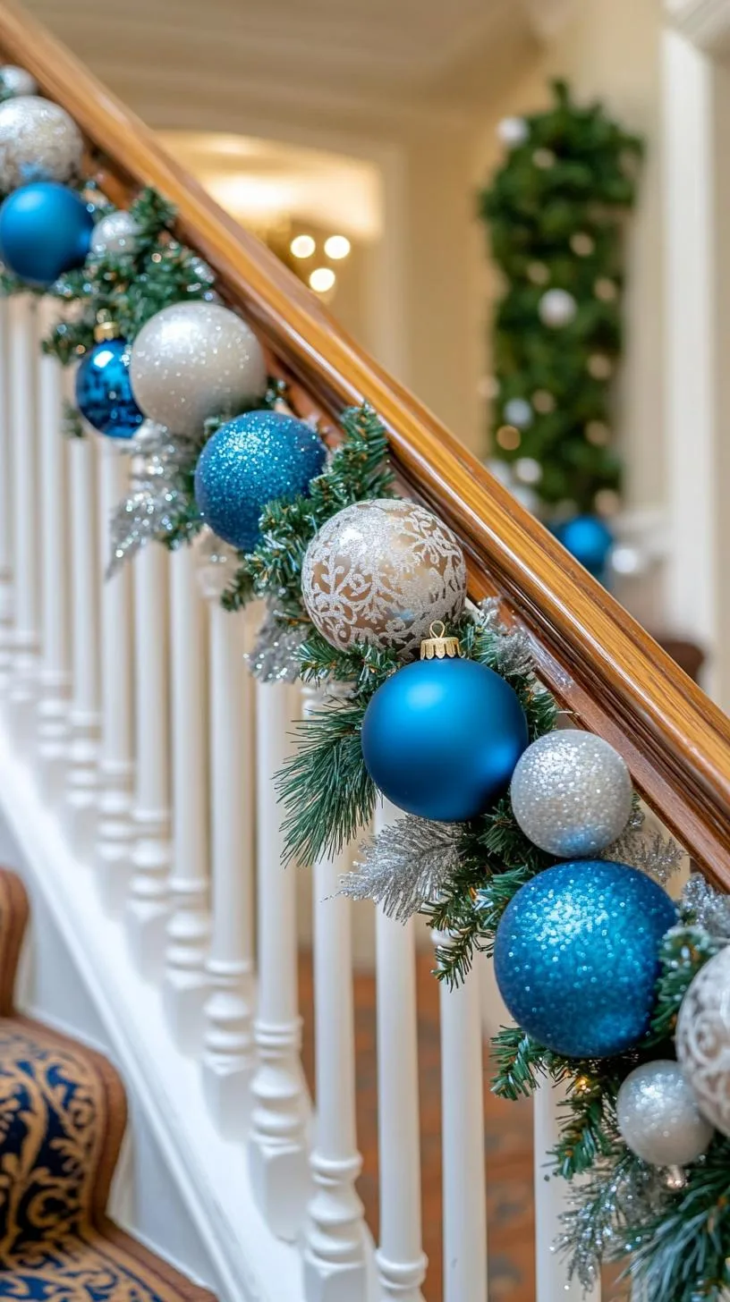 7. Silver-blue baubles garland sweeping along white staircase railings-1